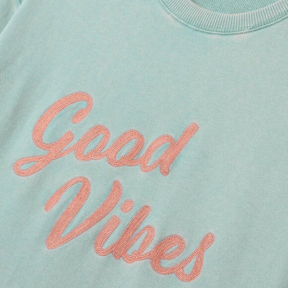 Okaicos Sweatshirt Good Vibes Embroidered Crewneck XS Washed Out Green Resort - Picture 3 of 4